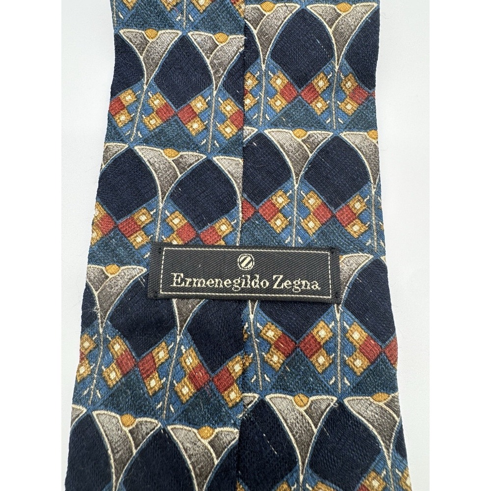 Ermenegildo Zegna Silk Tie Blue Geometric Pattern Made in USA Designer Necktie - Picture 5 of 8